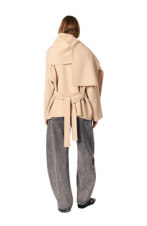 Maje Double-faced Coat With Scarf In Beige