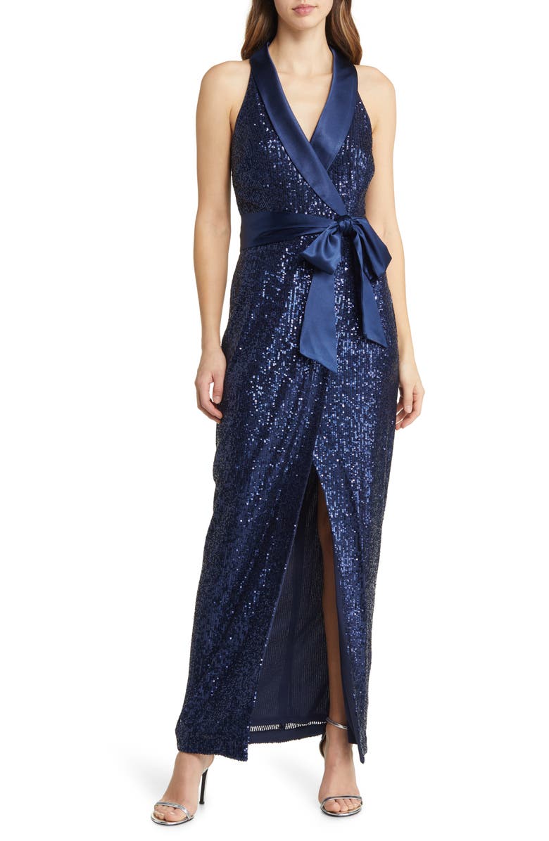 Eliza J Sequin Tuxedo Gown, Main, color,