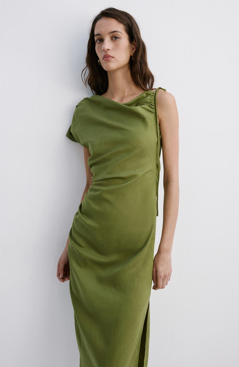 MANGO Side Ruched One-Shoulder Midi Dress, Alternate, color, Green