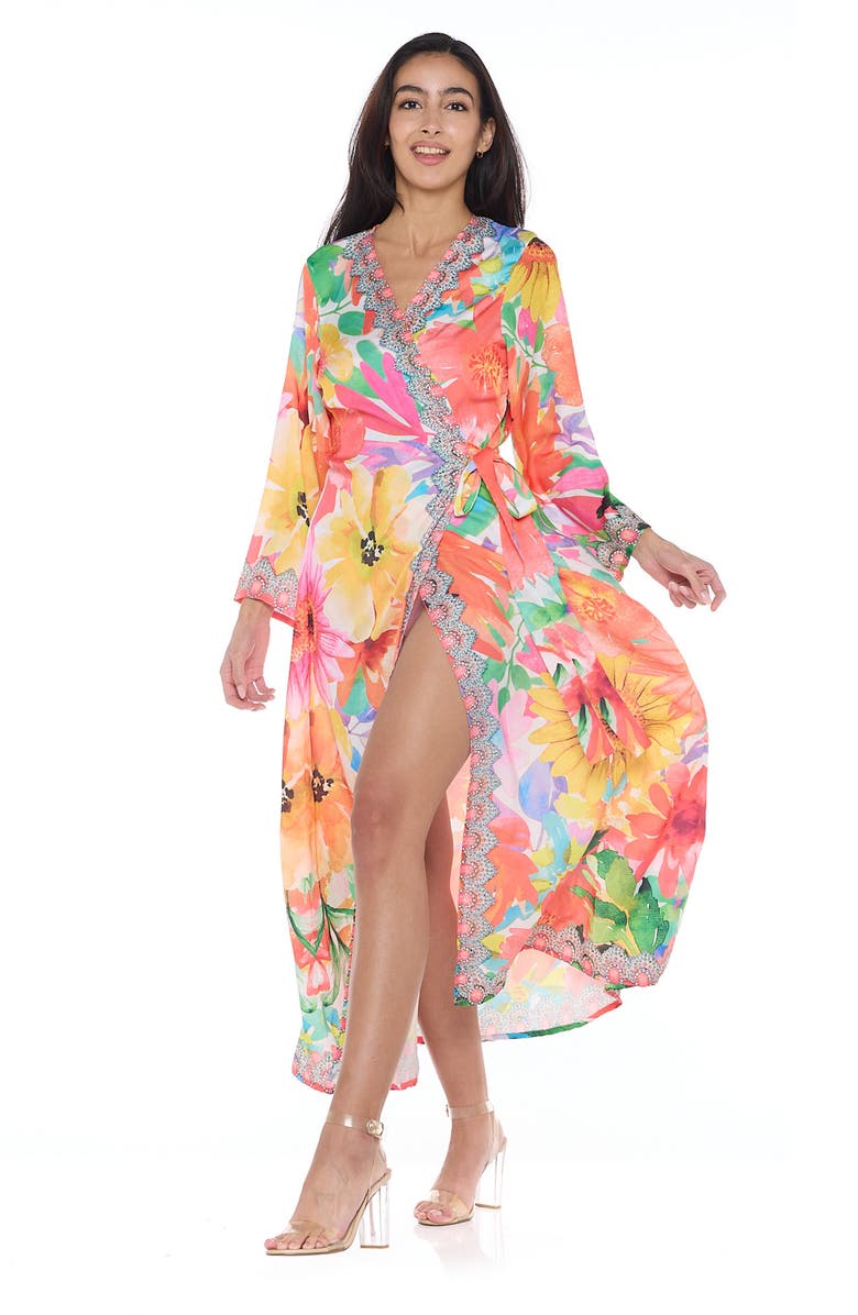 RANEES Floral Long Sleeve Wrap Duster, Alternate, color, Orange