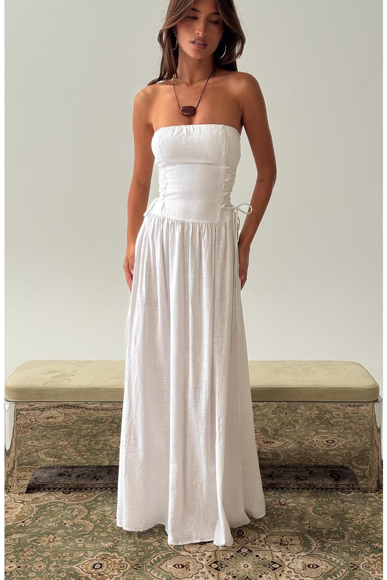 So Far So Good Strapless Linen & Cotton Maxi Dress, Alternate, color, WHITE