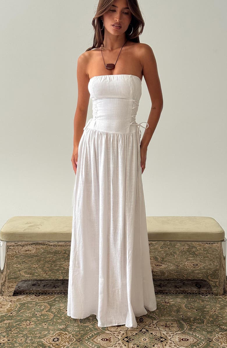 Princess Polly So Far So Good Strapless Linen & Cotton Maxi Dress, Alternate, color, White