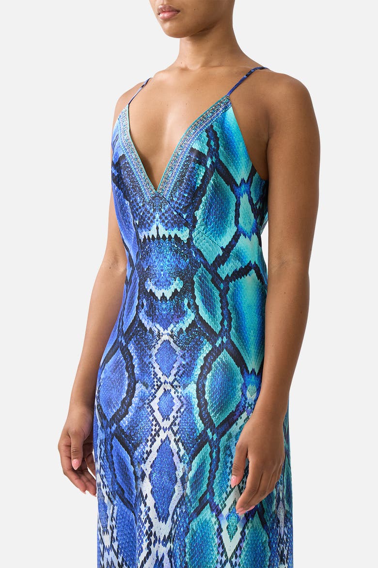 V Neck Full Length Bias Slip Dress, Alternate, color, The Sapphire Serpent