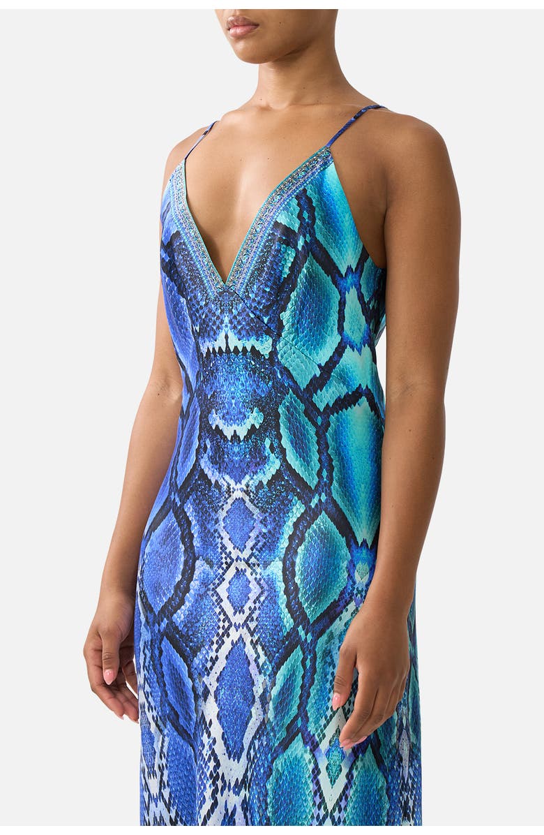 Camilla V Neck Full Length Bias Slip Dress, Alternate, color, The Sapphire Serpent