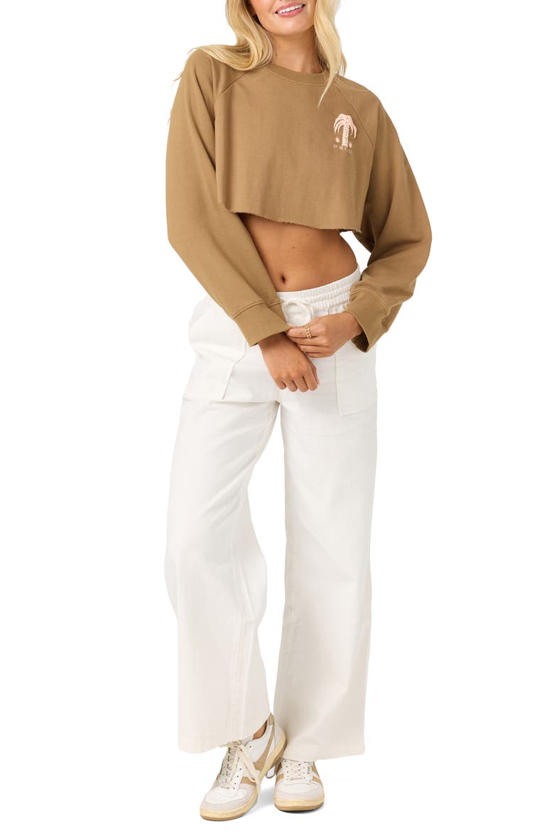 Palm Raw Edge Cropped Fleece Sweatshirt, Alternate, color, DARK KHAKI