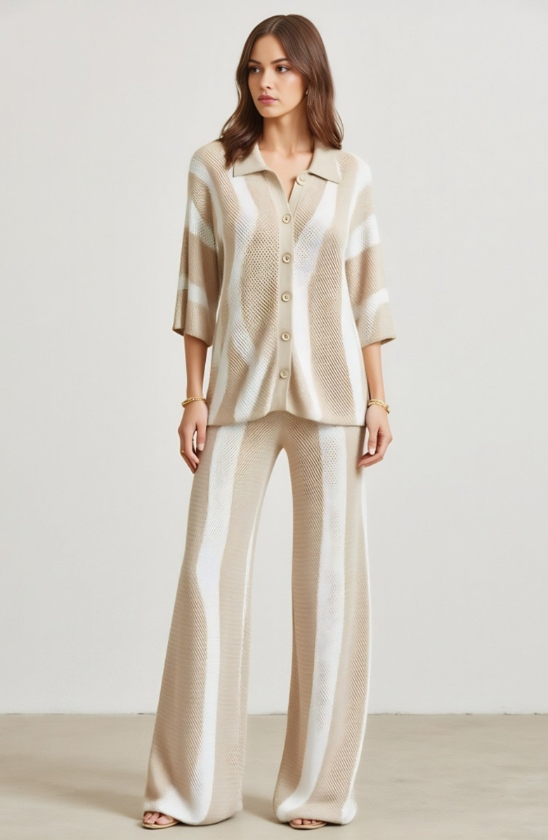 Modenaire Striped Knit Button-Front Top and Wide-Leg Pants Set, Alternate, color,