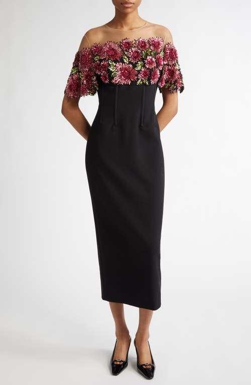 Lela Rose Floral Embellished Bodice Body-Con Dress in Black/Pink 