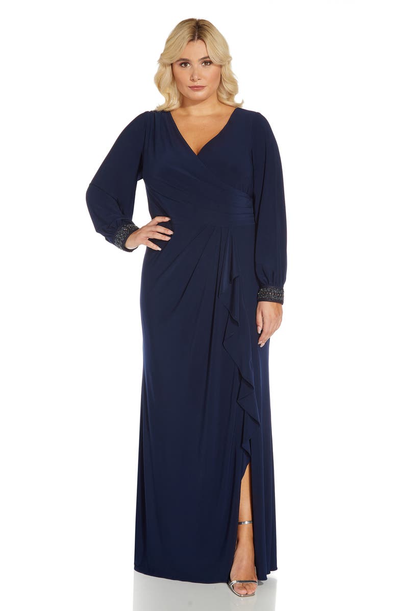 Adrianna Papell Draped Beaded Long Sleeve Jersey Gown, Alternate, color,