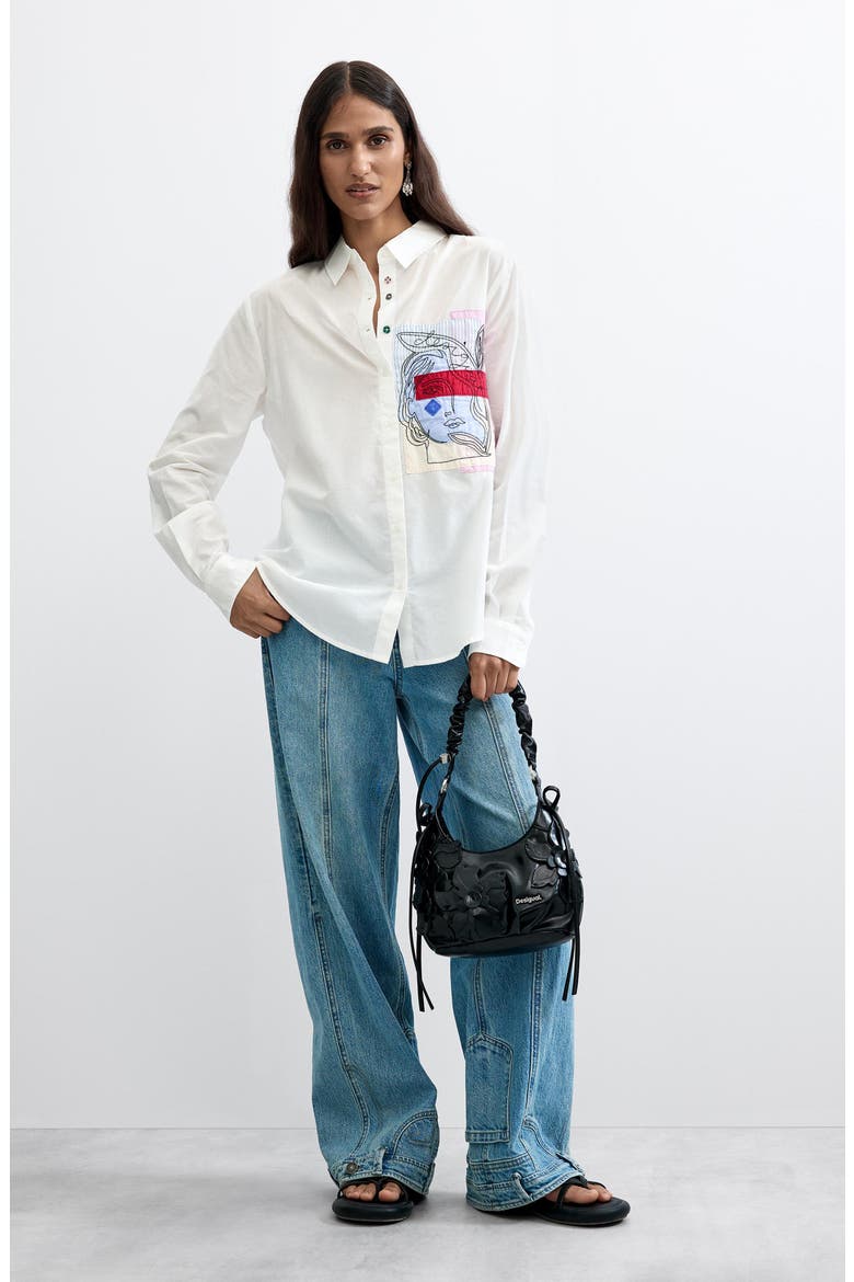 Embroidered Patch Cotton Button Down Shirt, Alternate, color, WHITE