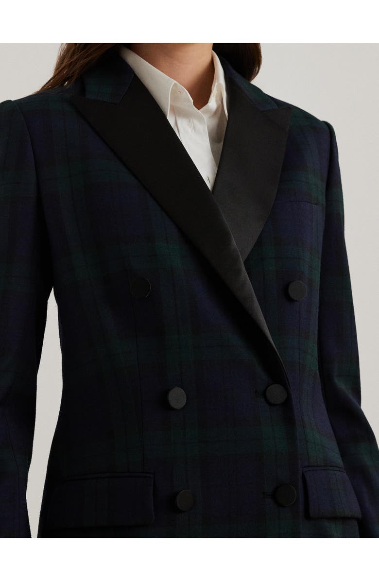 Lauren Ralph Lauren Plaid Satin Trim Double Breasted Wool Blend Blazer, Alternate, color, 