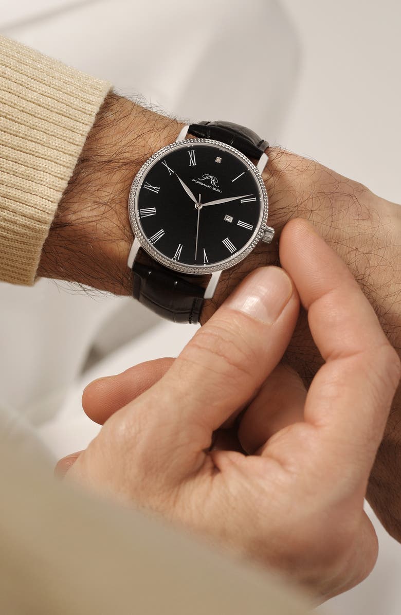 PORSAMO BLEU Veritas 1 Croc Embossed Leather Strap Watch, 40mm, Alternate, color, Silver