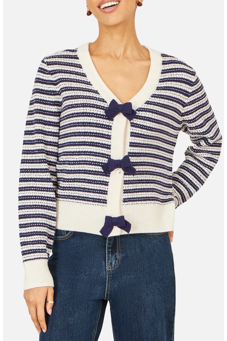 Stripe With Bow Detail Cardigan, Alternate, color, Navy