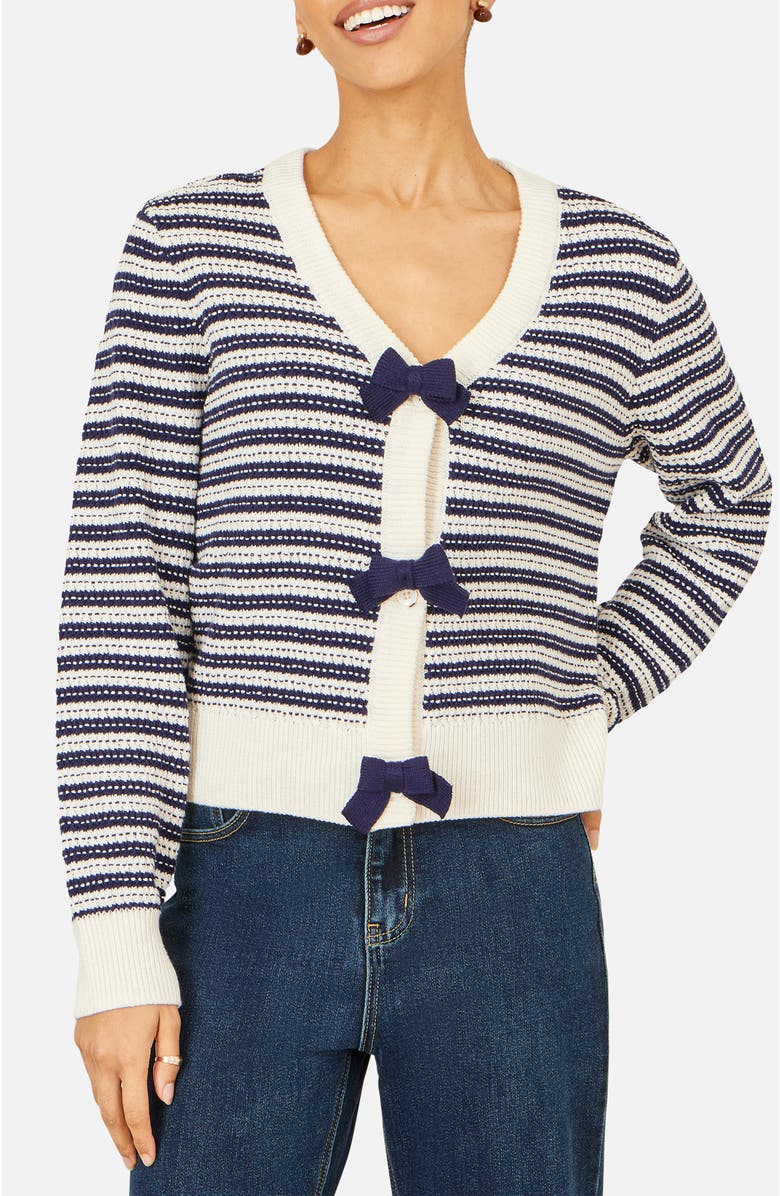 Yumi Stripe With Bow Detail Cardigan, Alternate, color, Navy