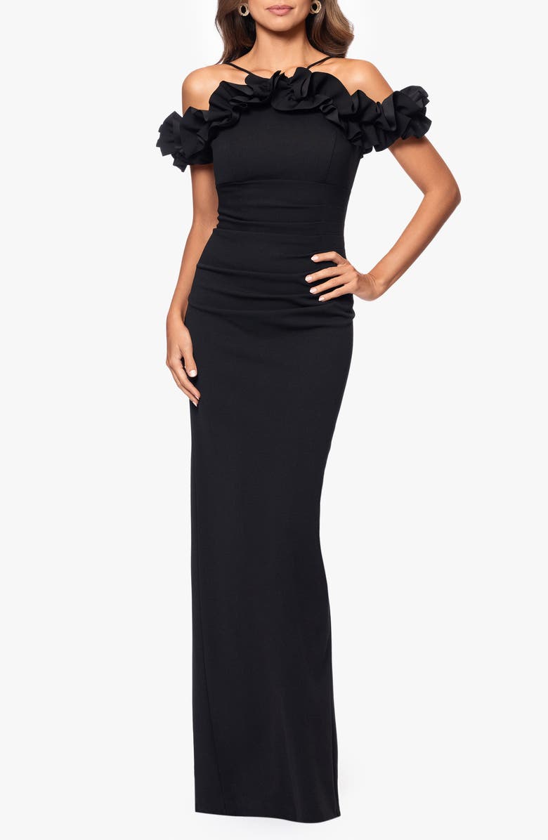 Xscape Evenings Ruffle Detail Crepw Body-Con Gown, Main, color, Black