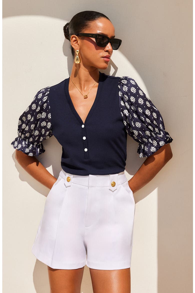 Tamra Contrast Puff Sleeve Henley, Alternate, color, NAVY