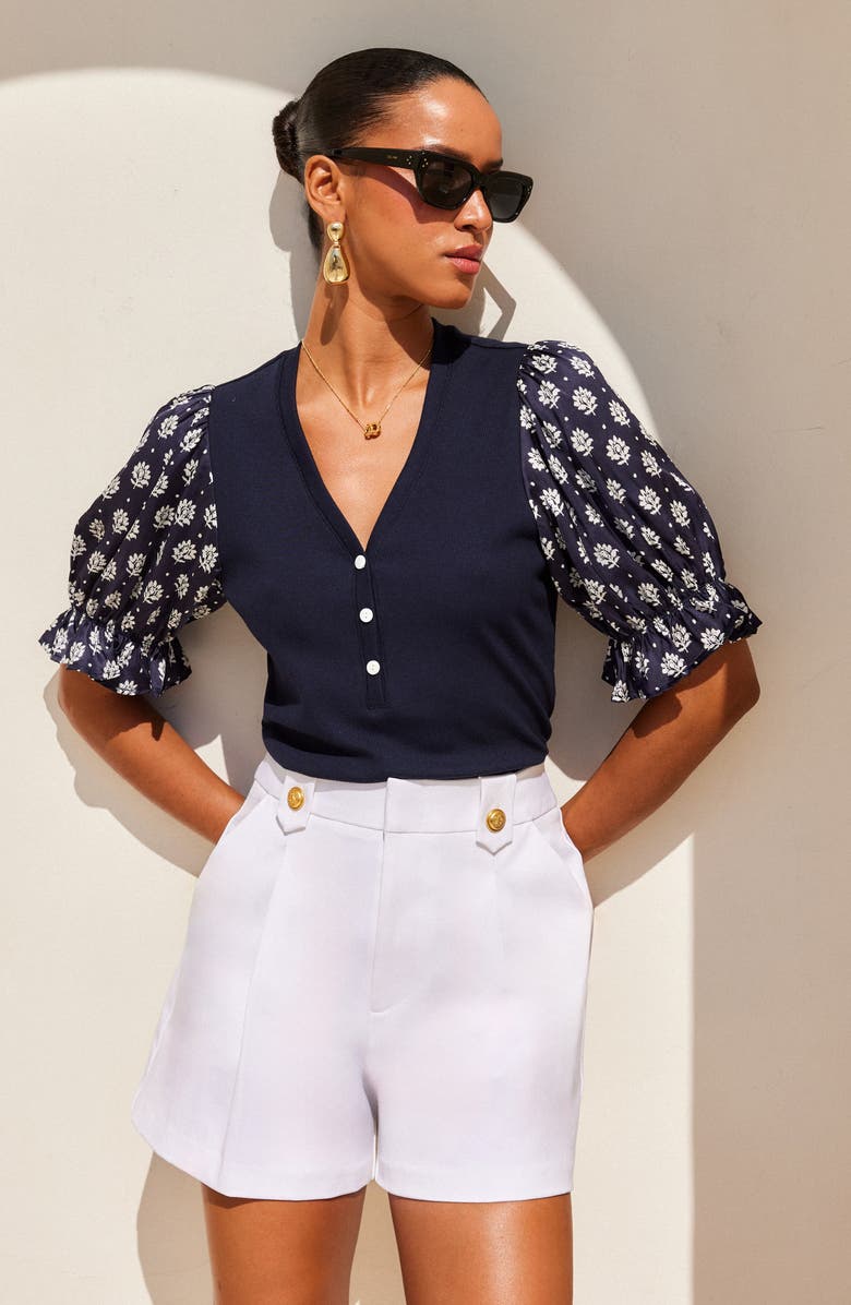 FIFTEEN TWENTY Tamra Contrast Puff Sleeve Henley, Alternate, color, Navy