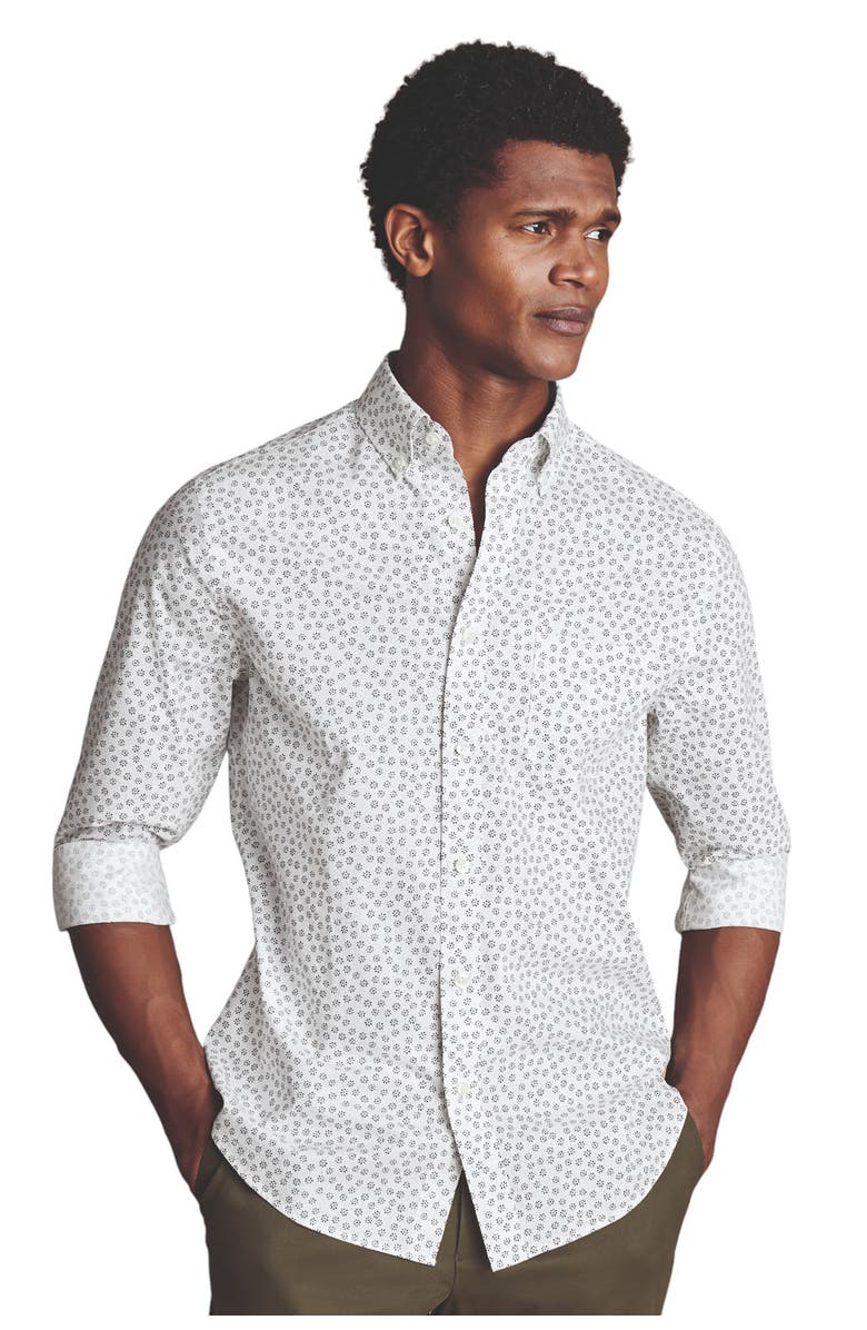 Charles Tyrwhitt Slim Fit Semi-Cutaway Collar Non-Iron Floral Geo Print Shirt, Main, color, White