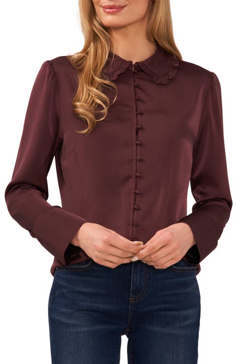 Ruffle Collar Satin Button-Up Blouse