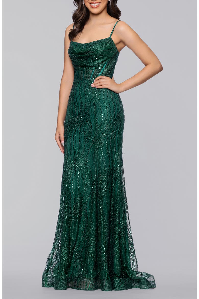 Glitter Corset Mermaid Gown, Alternate, color, HUNTER