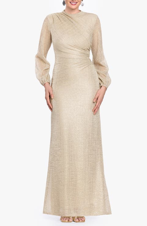 Metallic Crinkle Ruched Long Sleeve Trumpet Gown