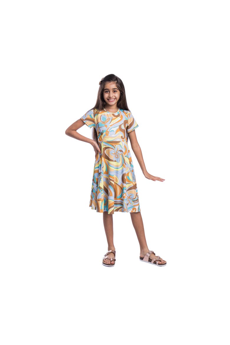 Yellow Print Knee Length Short Sleeve Flowy Dress, Main, color, Blue Multi
