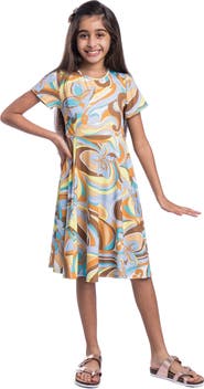 24sevenKid Yellow Print Knee Length Short Sleeve Flowy Dress