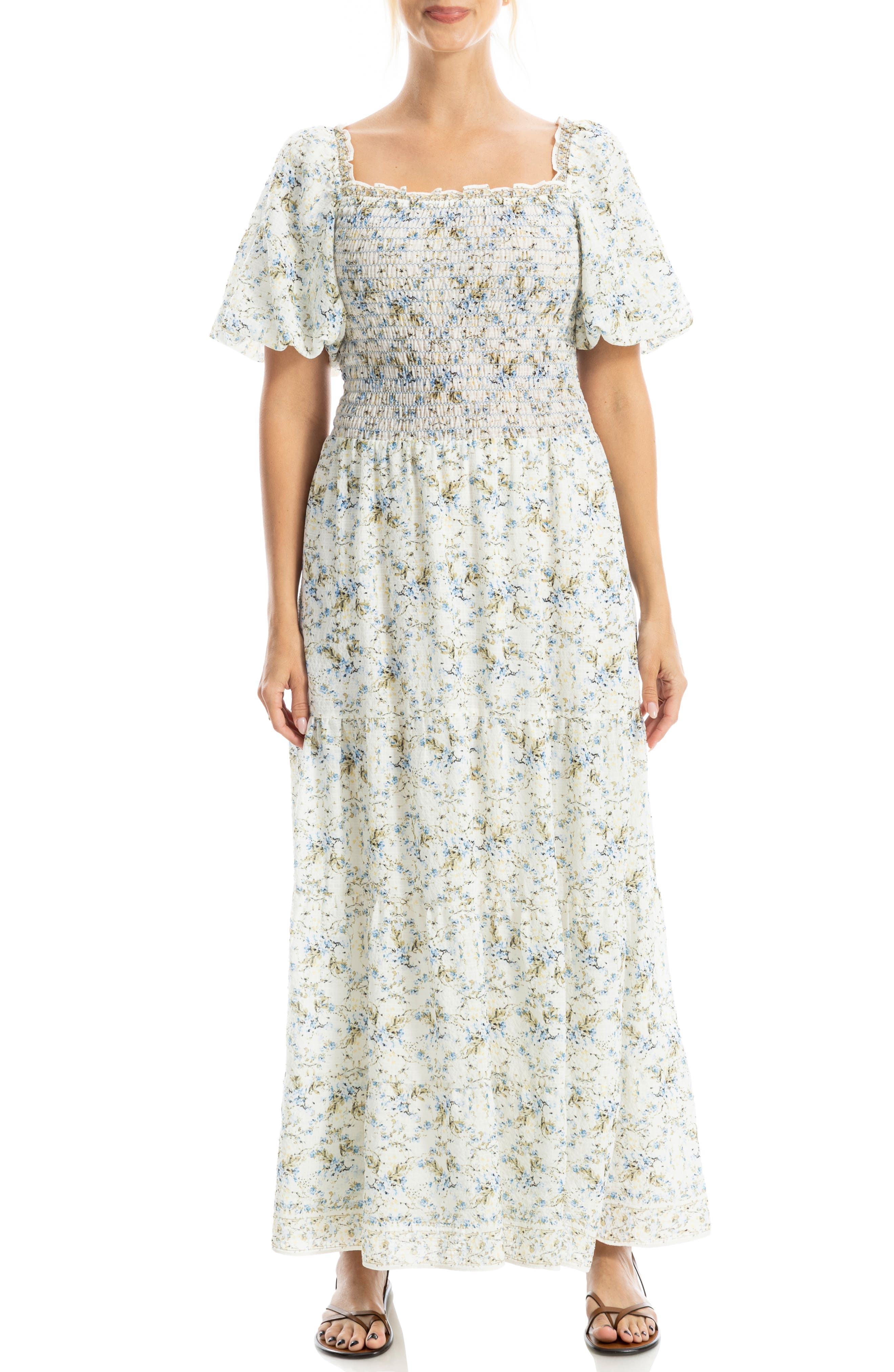 MAX STUDIO Print Smocked Puff Sleeve Maxi Dress