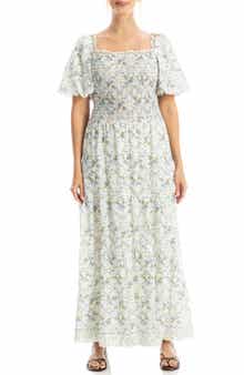 MAX STUDIO Print Smocked Puff Sleeve Maxi Dress