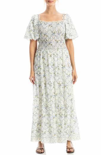 MAX STUDIO Print Smocked Puff Sleeve Maxi Dress