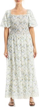 MAX STUDIO Print Smocked Puff Sleeve Maxi Dress