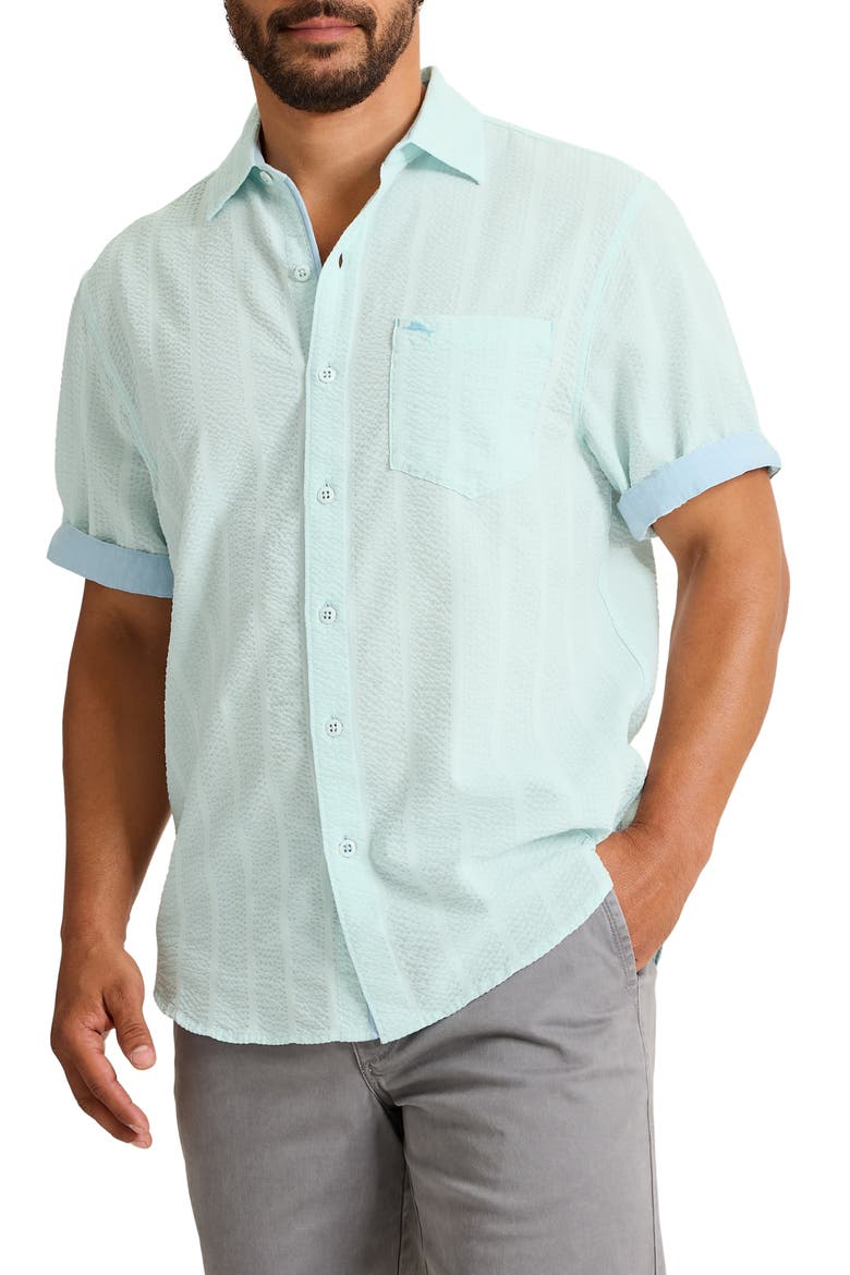 Nova Wave Short Sleeve Stretch Seersucker Button-Up Shirt, Main, color, DUSTY AQUA