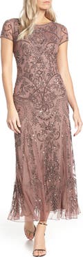 Pisarro Nights Beaded Mesh Midi Cocktail Dress
