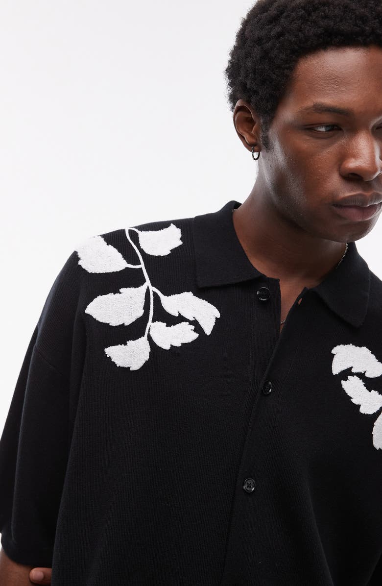 Topman Oversize Embroidered Knit Short Sleeve Button-Up Shirt, Alternate, color, Black
