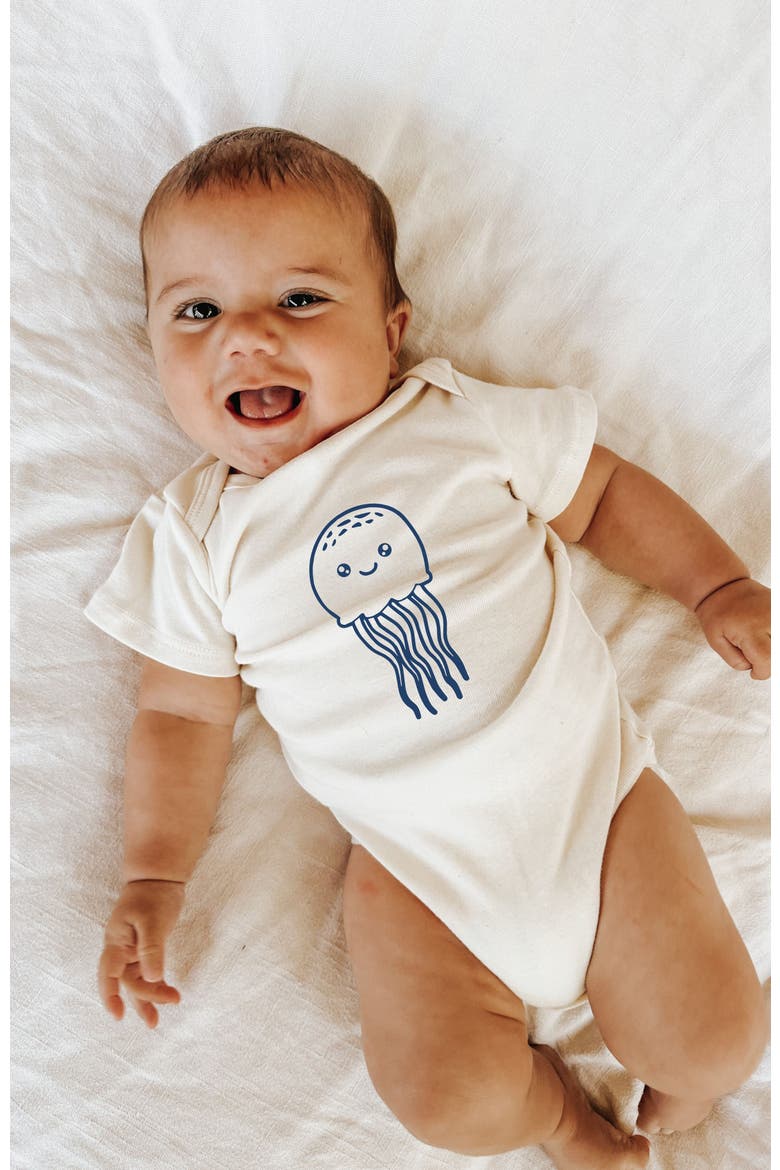 Jellyfish Organic Cotton Baby Bodysuit, Alternate, color, Natural with Nautical Blue