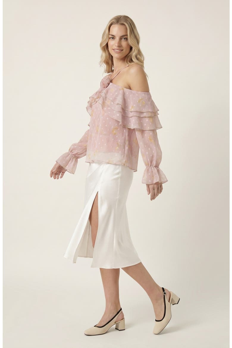 Sheer Cold-Shoulder Floral Applique Ruffle Trim Blouse, Alternate, color, Blush Pink