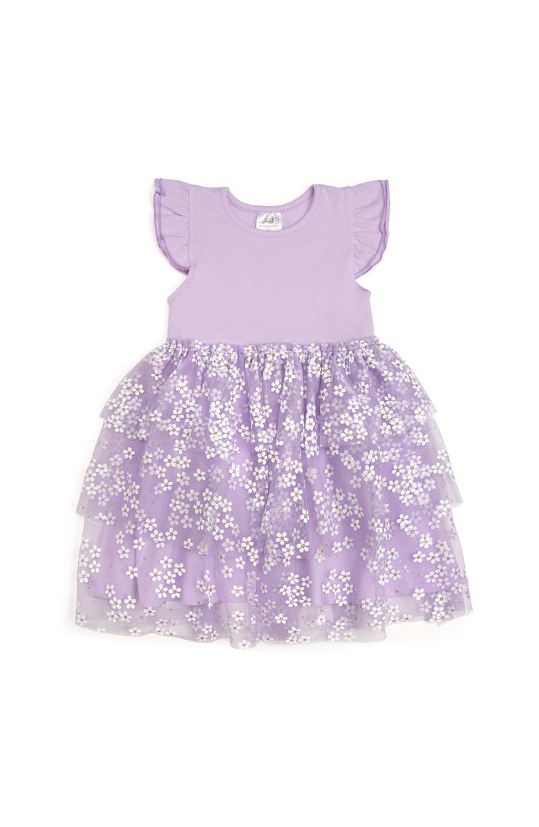 Sweet Wink Lavender Ditsy Daisy Easter Tiered Short Sleeve Tutu Dress, Main, color, 
