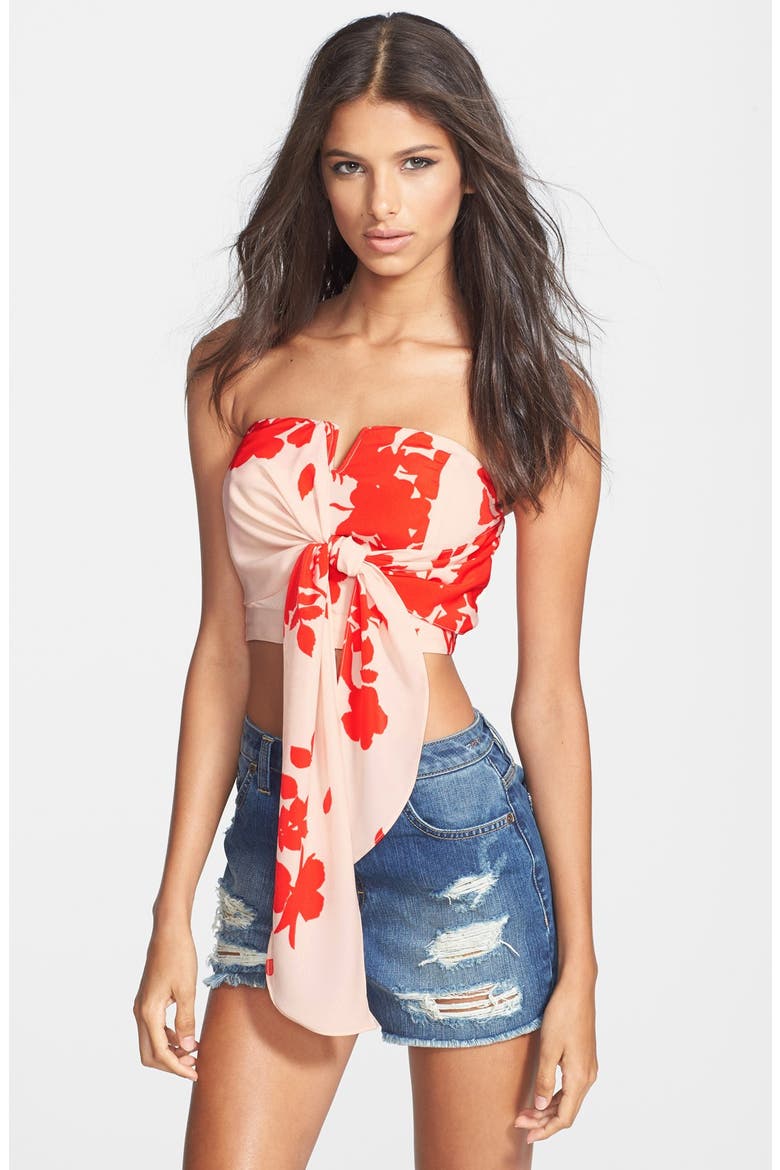 Tie Front Crop Tube Top, Main, color, SOFT LINEN POPPY PRINT