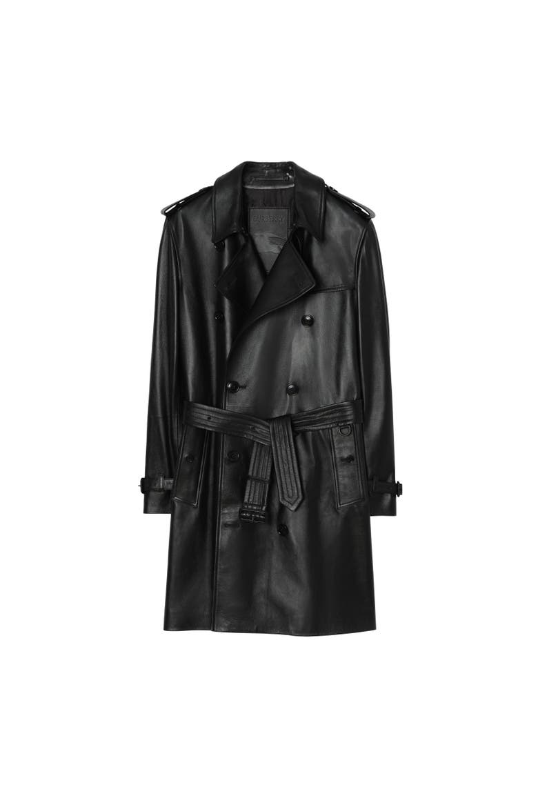 Mid-length Leather Kensington Trench Coat, Alternate, color, Black