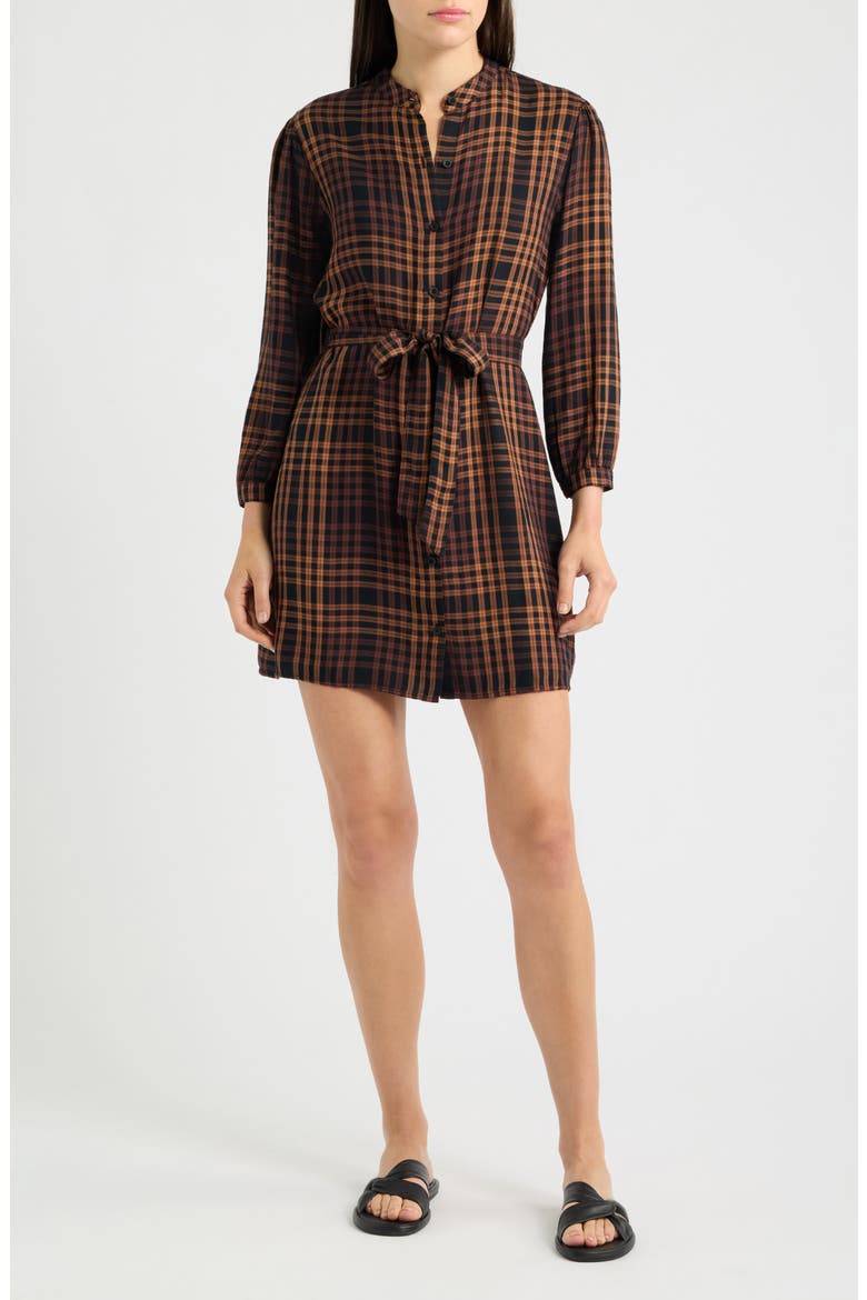 Plaid Puff Shoulder Tie Waist Shirtdress, Main, color, AUTUMN EMBER PLAID