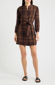 Cloth & Stone Plaid Puff Shoulder Tie Waist Shirtdress