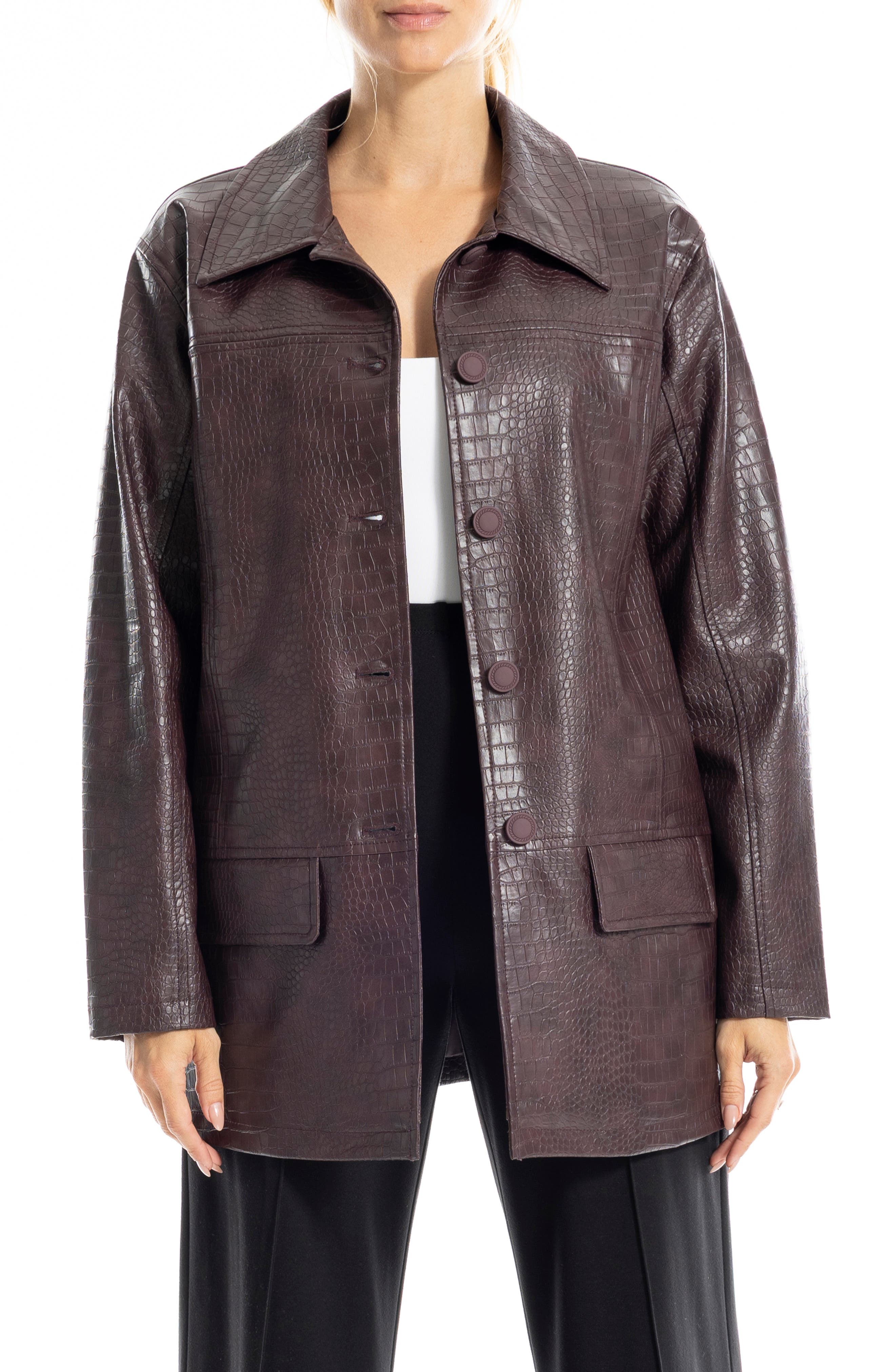 Oversize Croc-Embossed Faux Leather Jacket