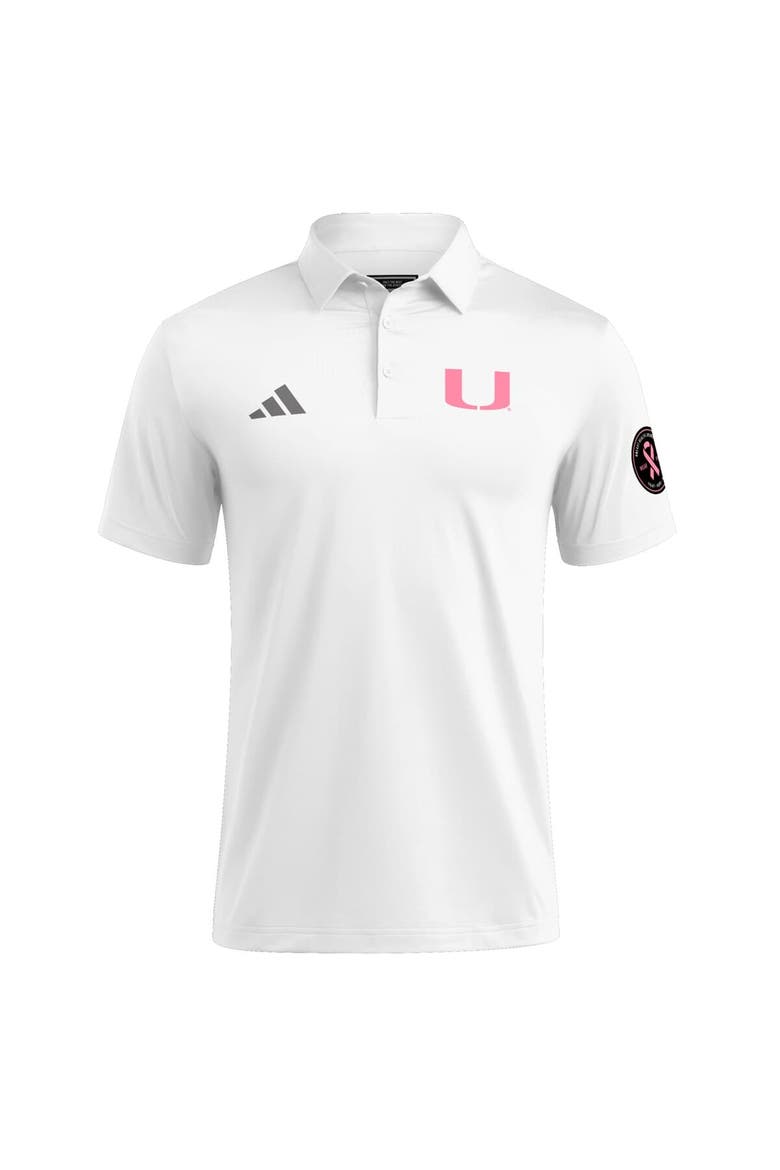Men's adidas White Miami Hurricanes Wear Pink Breast Cancer Awareness Polo, Alternate, color, White