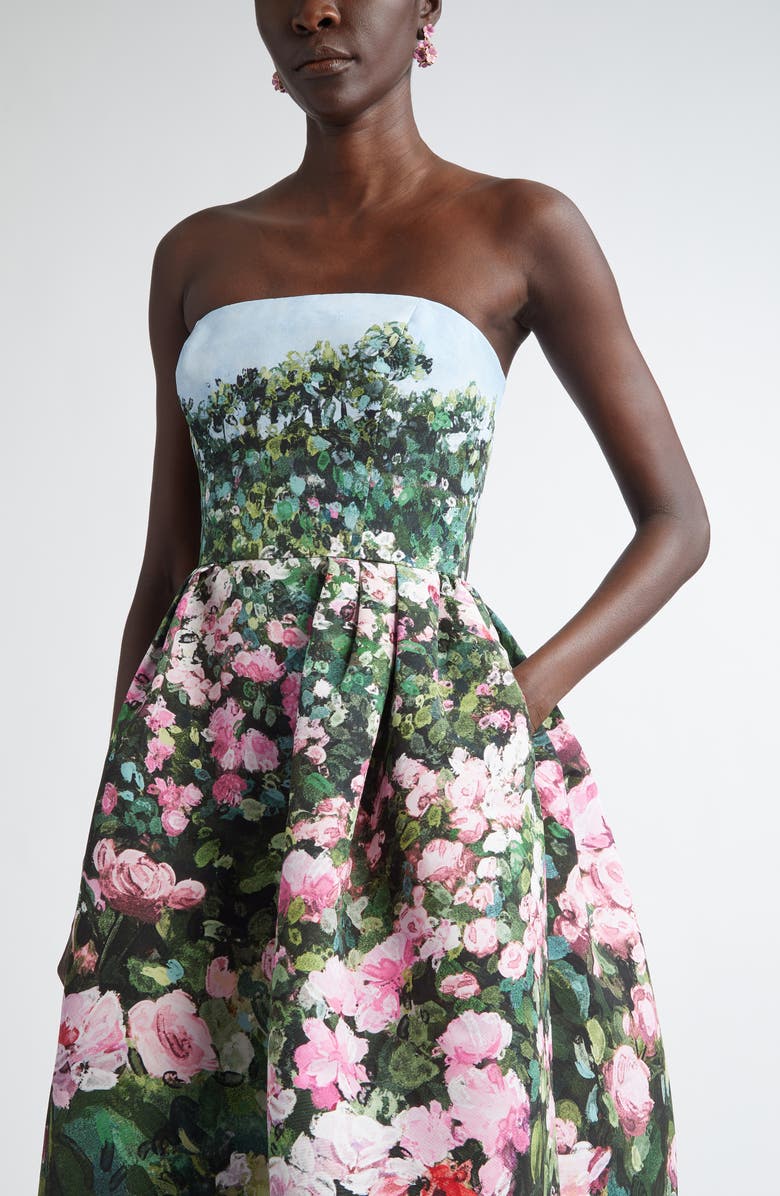 Oscar de la Renta Rose Field Strapless Silk Faille Cocktail Dress, Alternate, color, 