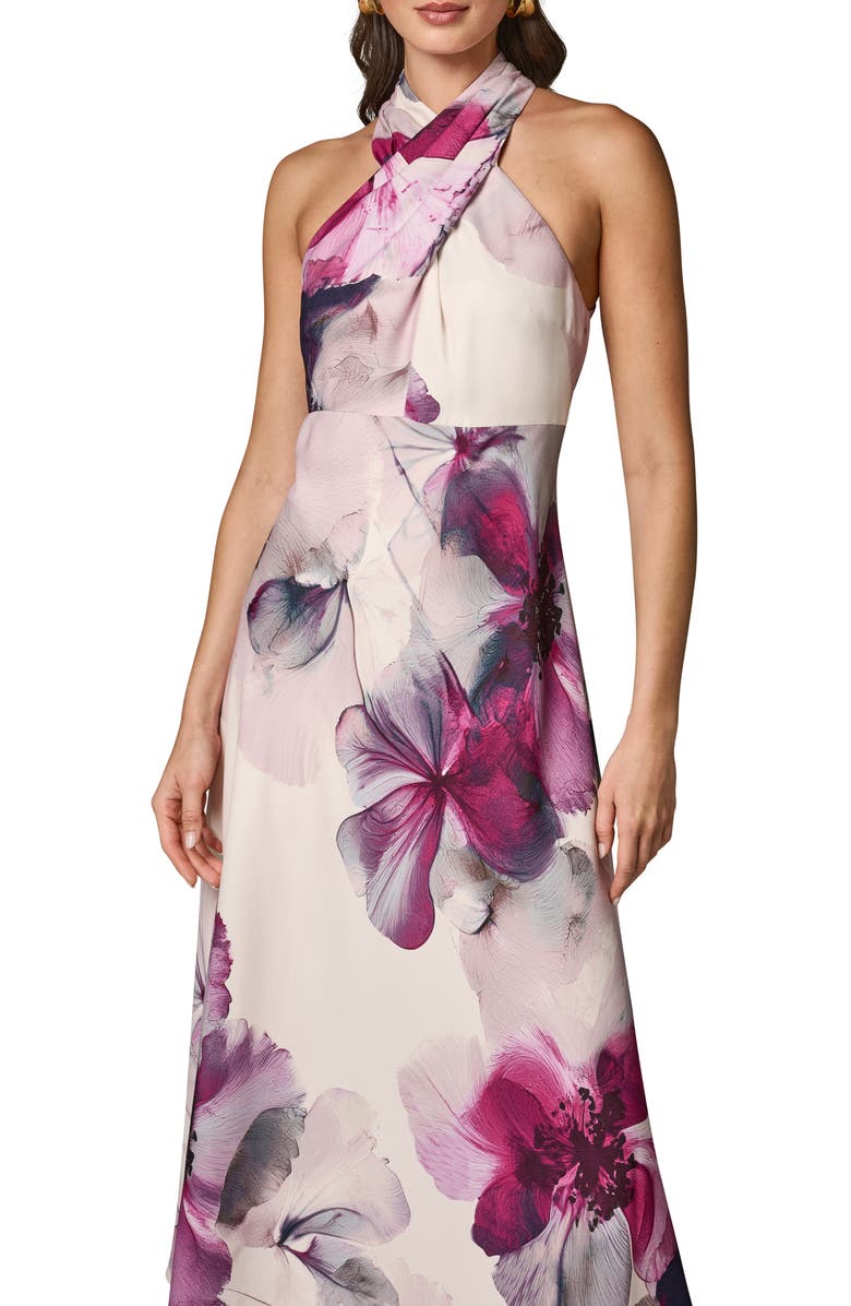 Donna Karan New York Floral Halter Midi Dress, Alternate, color, Sangria Multi