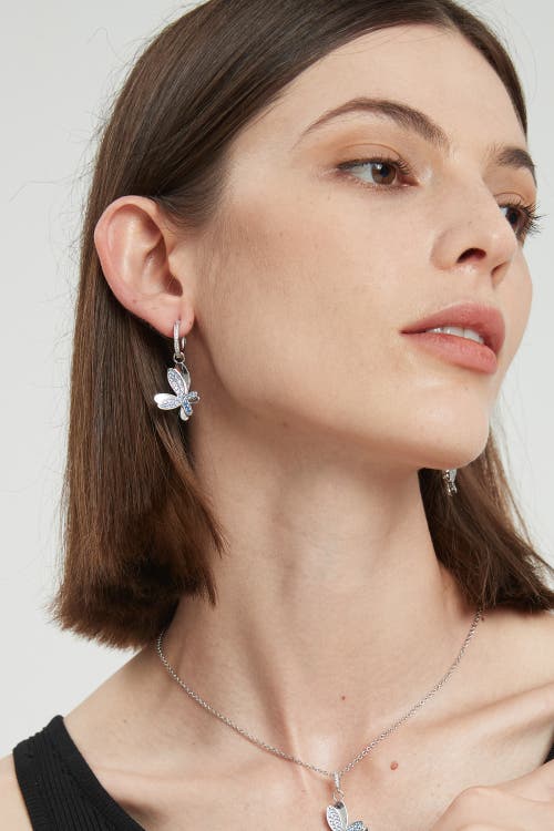 Classicharms Women's Blue / Silver Silver Gradient Blue Pavé Diamond Butterfly Dangle Drop Hoop Earrings In Metallic