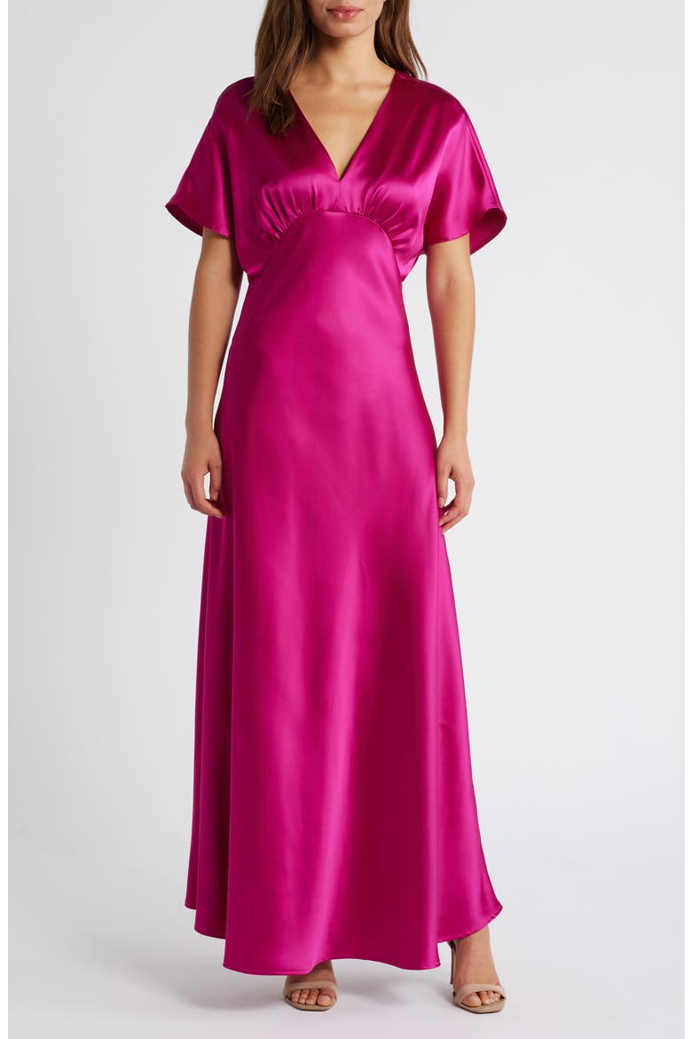 Dolman Sleeve Satin Cocktail Midi Dress, Main, color, LUSH MAGENTA