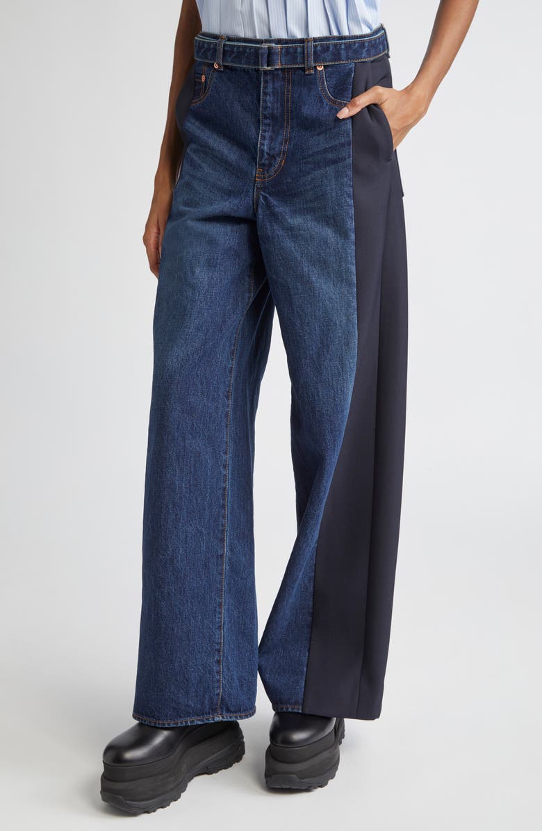 Sacai Mixed Media Belted Wide Leg Jeans, Alternate, color, 