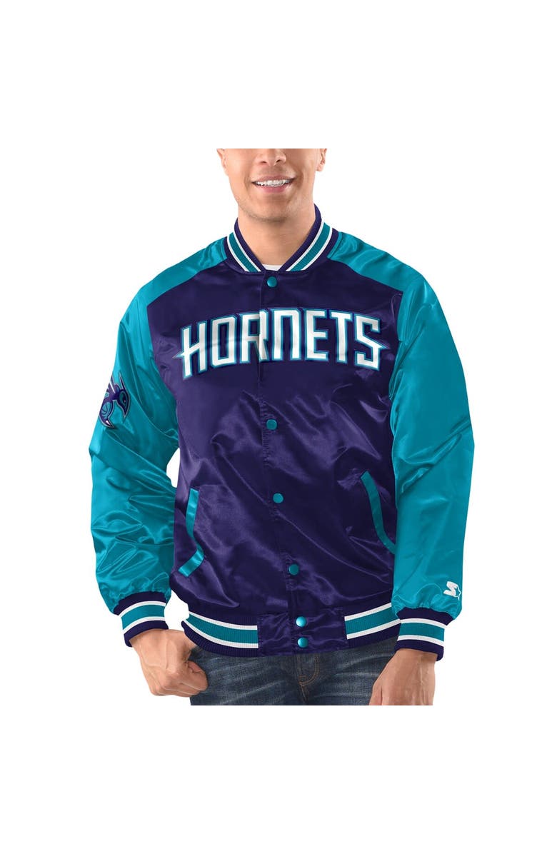 STARTER Men's Starter Purple/Teal Charlotte Hornets Renegade Satin Full-Snap Varsity Jacket, Main, color, Purple