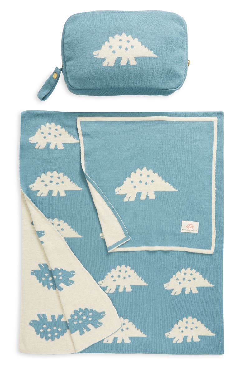 Dinosaur Organic Cotton Baby Blanket & Travel Pouch Set, Main, color, SOFT TEAL/ NATURAL MEL