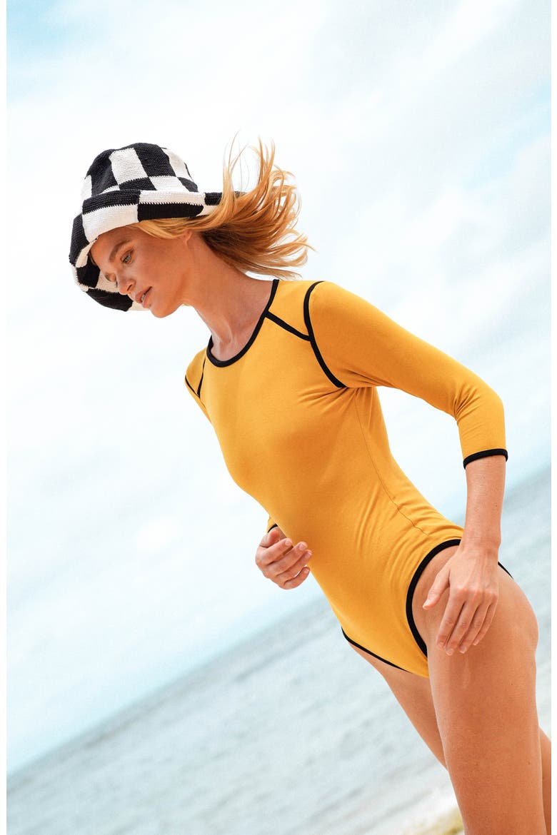 The Girl 3/4 Sleeve Second Skin Active Bodysuit, Alternate, color, Yellow
